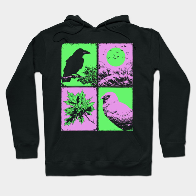 Vaporwave Nature - Japanese Raven and Great Wave Hoodie by TuncGK