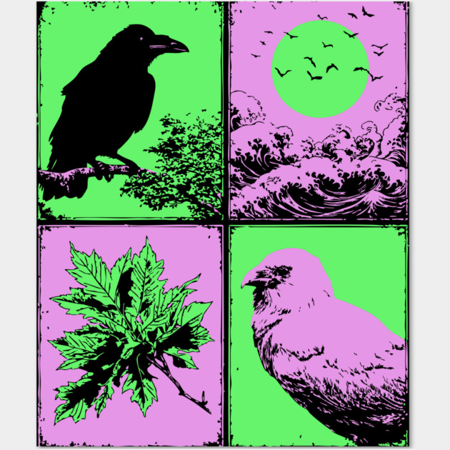 Vaporwave Nature - Japanese Raven and Great Wave Wall Art by TuncGK