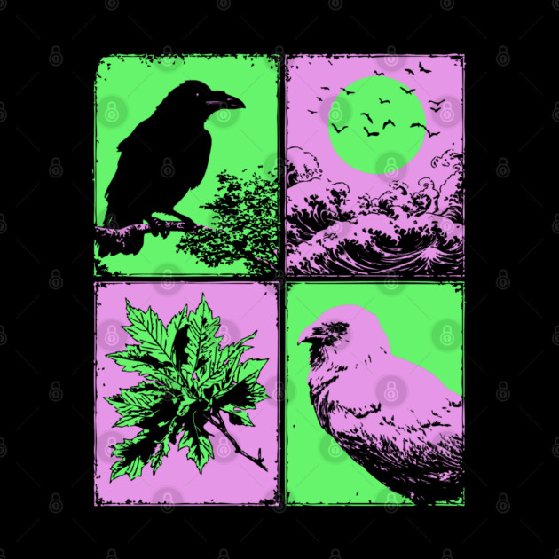 Vaporwave Nature - Japanese Raven and Great Wave by TuncGK