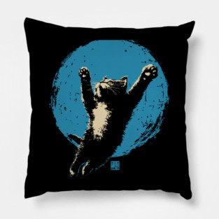 Ukiyo-e Jumping Cat - Japanese Full Moon Neko Pillow