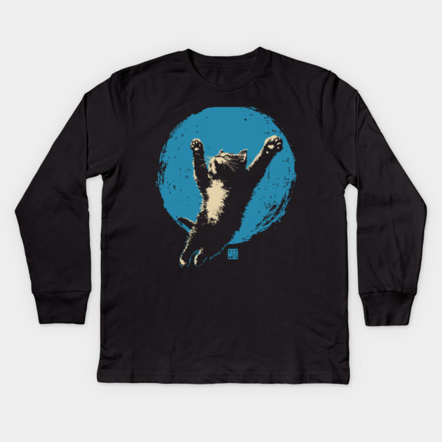 Ukiyo-e Jumping Cat - Japanese Full Moon Neko Kids Long Sleeve T-Shirt by TuncGK