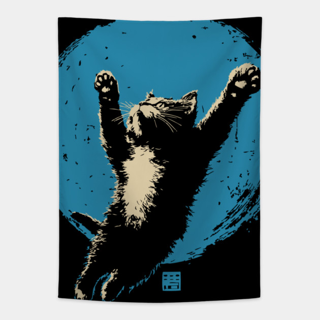 Ukiyo-e Jumping Cat - Japanese Full Moon Neko Tapestry by TuncGK