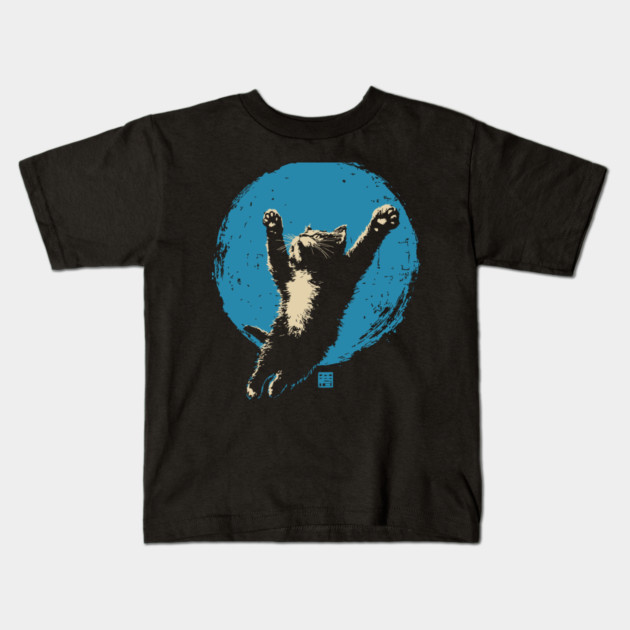 Ukiyo-e Jumping Cat - Japanese Full Moon Neko Kids T-Shirt by TuncGK
