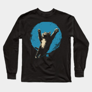 Ukiyo-e Jumping Cat - Japanese Full Moon Neko Long Sleeve T-Shirt
