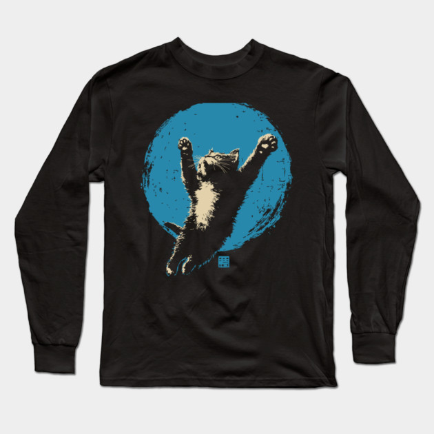 Ukiyo-e Jumping Cat - Japanese Full Moon Neko Long Sleeve T-Shirt by TuncGK