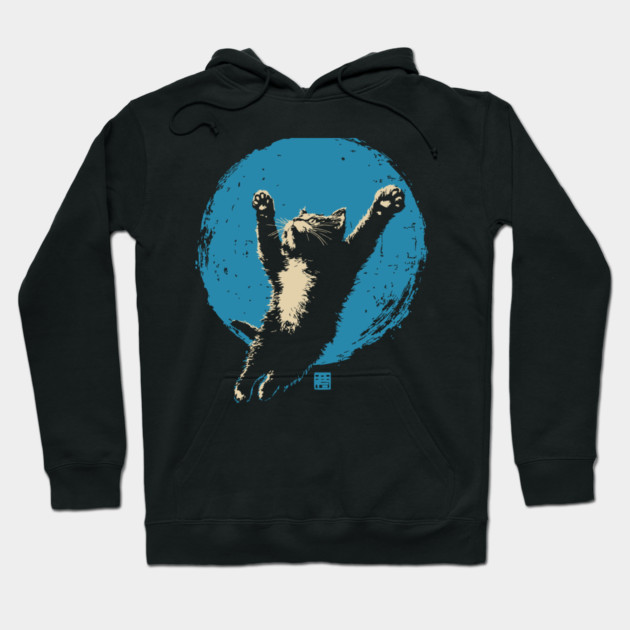 Ukiyo-e Jumping Cat - Japanese Full Moon Neko Hoodie by TuncGK