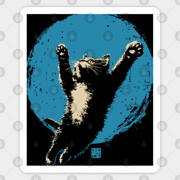 Ukiyo-e Jumping Cat - Japanese Full Moon Neko Sticker by TuncGK