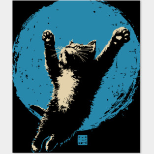 Ukiyo-e Jumping Cat - Japanese Full Moon Neko Posters and Art