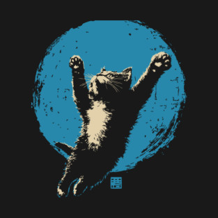 Ukiyo-e Jumping Cat - Japanese Full Moon Neko T-Shirt