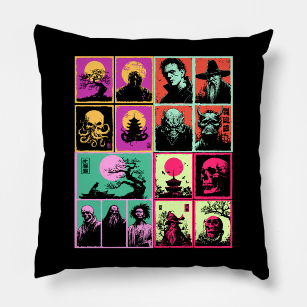 Ultimate Monster Mash - Horror and Fantasy Pattern Pillow by TuncGK
