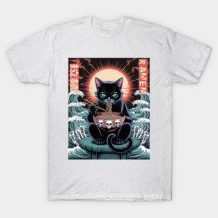 Samurai Cat Eating Ramen in Japanese Wave Art T-Shirt