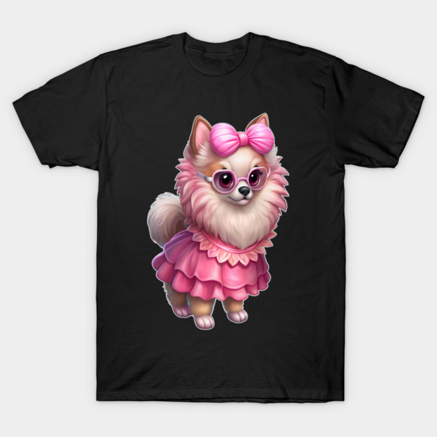 Glam Pomeranian in Pink – Whimsical Dog Art T-Shirt by IamActiveDog