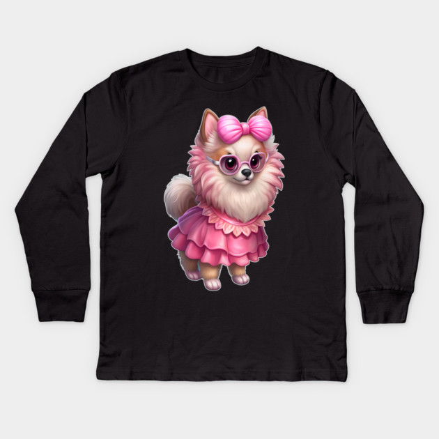 Glam Pomeranian in Pink – Whimsical Dog Art Kids Long Sleeve T-Shirt by IamActiveDog