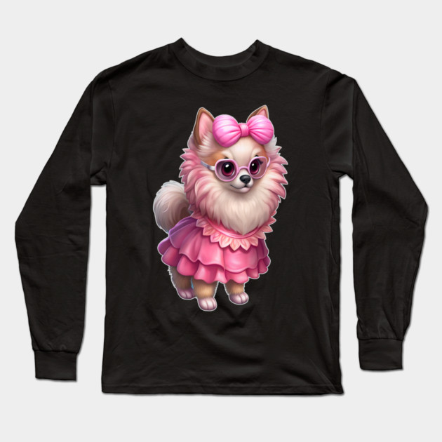 Glam Pomeranian in Pink – Whimsical Dog Art Long Sleeve T-Shirt by IamActiveDog