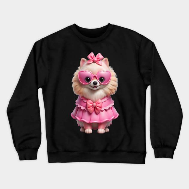 Pink Pomeranian Vibes – Whimsical Dog Illustration Crewneck Sweatshirt by IamActiveDog