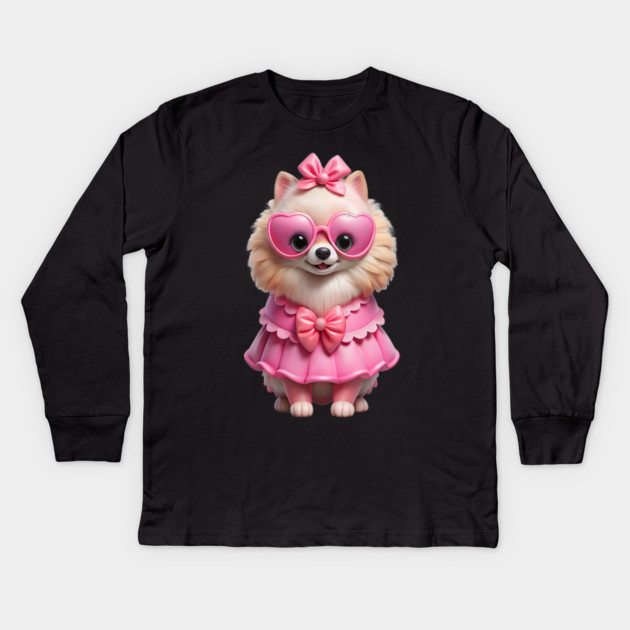 Pink Pomeranian Vibes – Whimsical Dog Illustration Kids Long Sleeve T-Shirt by IamActiveDog