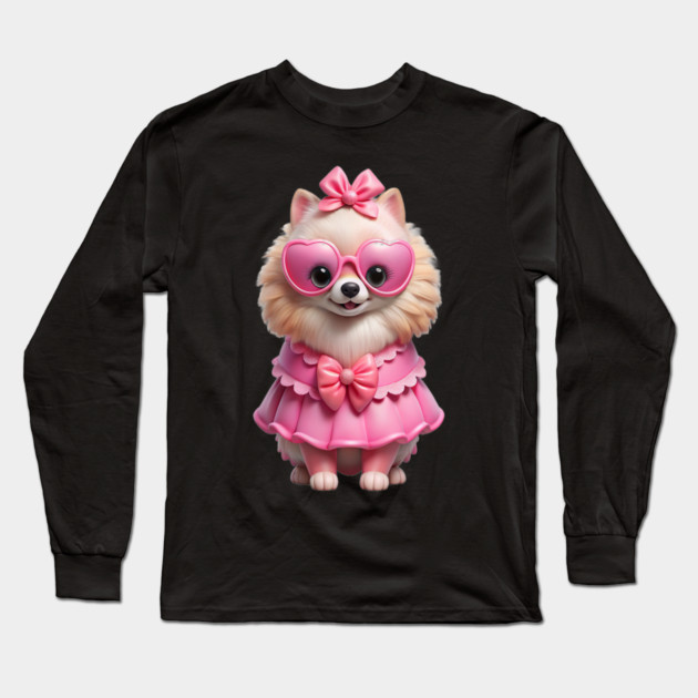Pink Pomeranian Vibes – Whimsical Dog Illustration Long Sleeve T-Shirt by IamActiveDog