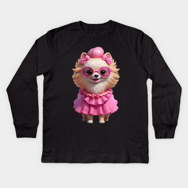 Fashion Pup in Pink – Adorable Pomeranian Art Kids Long Sleeve T-Shirt by IamActiveDog