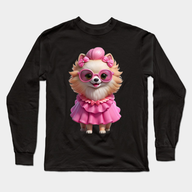 Fashion Pup in Pink – Adorable Pomeranian Art Long Sleeve T-Shirt by IamActiveDog