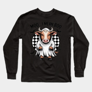 Moo I Mean Boo Ghost Highland Cow Halloween Spooky Season Long Sleeve T-Shirt