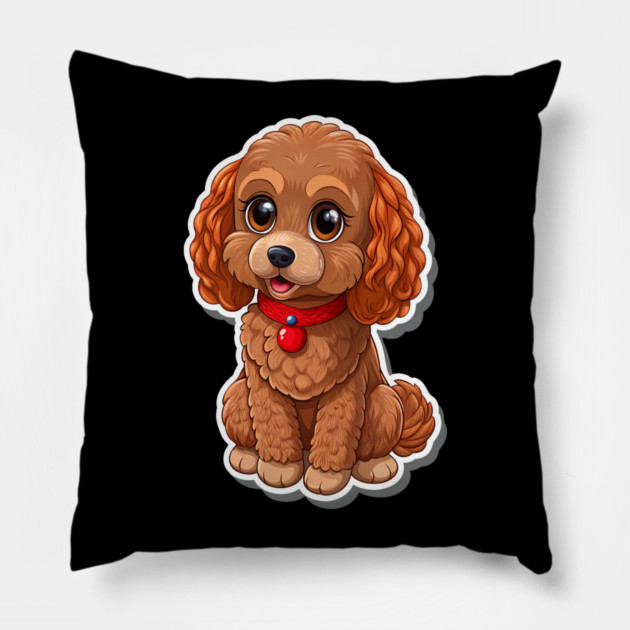 Kawaii Poodle – Fluffy Brown Dog with Red Leash & Big Eyes Pillow by IamActiveDog