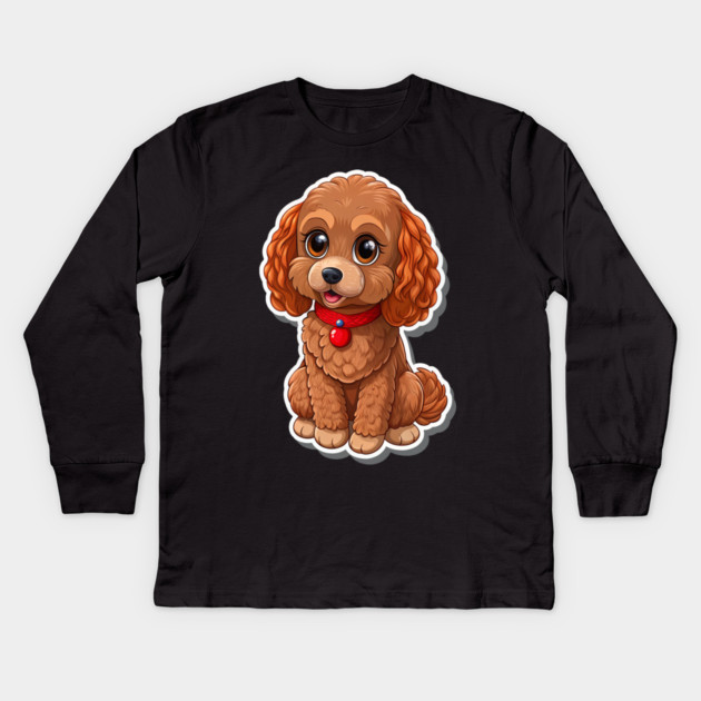 Kawaii Poodle – Fluffy Brown Dog with Red Leash & Big Eyes Kids Long Sleeve T-Shirt by IamActiveDog