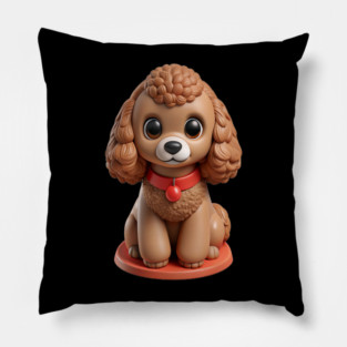 Brown Toy Poodle Sitting with Leash in Garden Scene Pillow