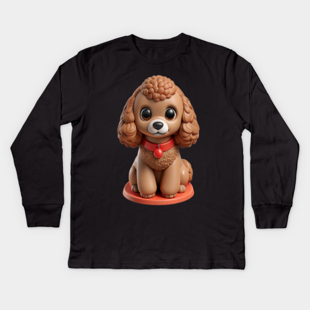 Brown Toy Poodle Sitting with Leash in Garden Scene Kids Long Sleeve T-Shirt by IamActiveDog