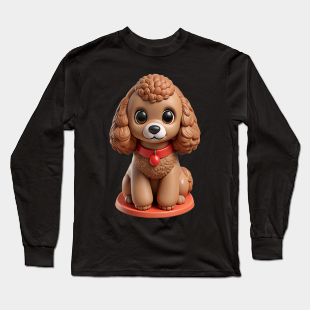 Brown Toy Poodle Sitting with Leash in Garden Scene Long Sleeve T-Shirt by IamActiveDog