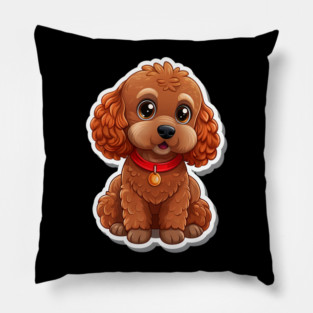 Fluffy Toy Poodle Sticker – Cute Brown Dog with Red Leash for Pet Lovers Pillow