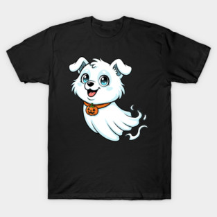 Cute Ghost Dog with Pumpkin Collar – Adorable Halloween Design T-Shirt