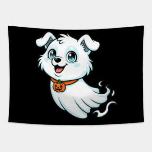 Cute Ghost Dog with Pumpkin Collar – Adorable Halloween Design Tapestry