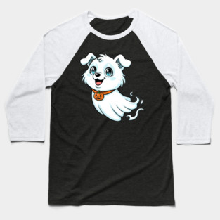 Cute Ghost Dog with Pumpkin Collar – Adorable Halloween Design Baseball T-Shirt