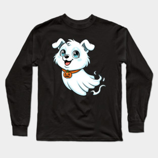 Cute Ghost Dog with Pumpkin Collar – Adorable Halloween Design Long Sleeve T-Shirt