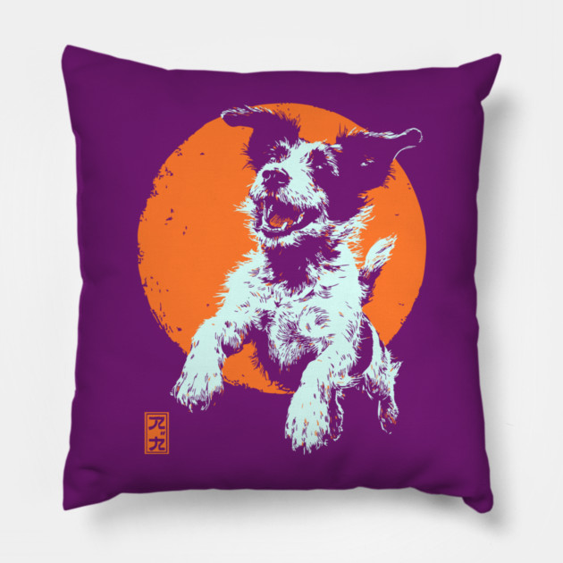 Retro Happy Dog - Ukiyo-e Jack Russell Terrier Art Pillow by TuncGK