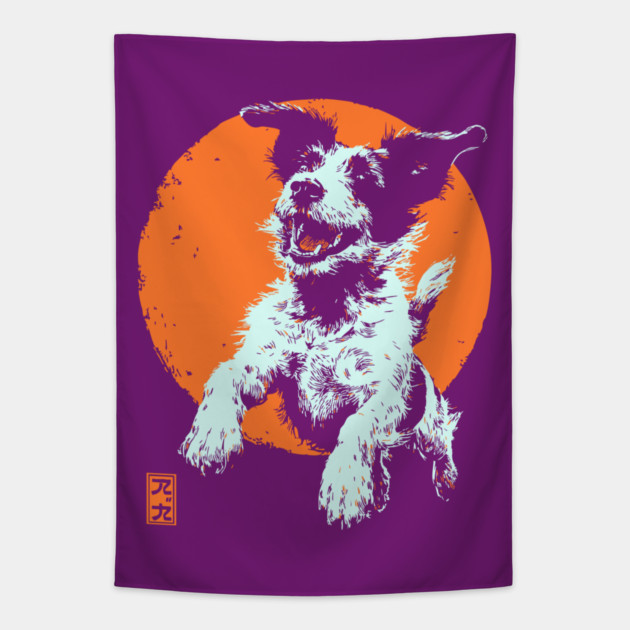 Retro Happy Dog - Ukiyo-e Jack Russell Terrier Art Tapestry by TuncGK