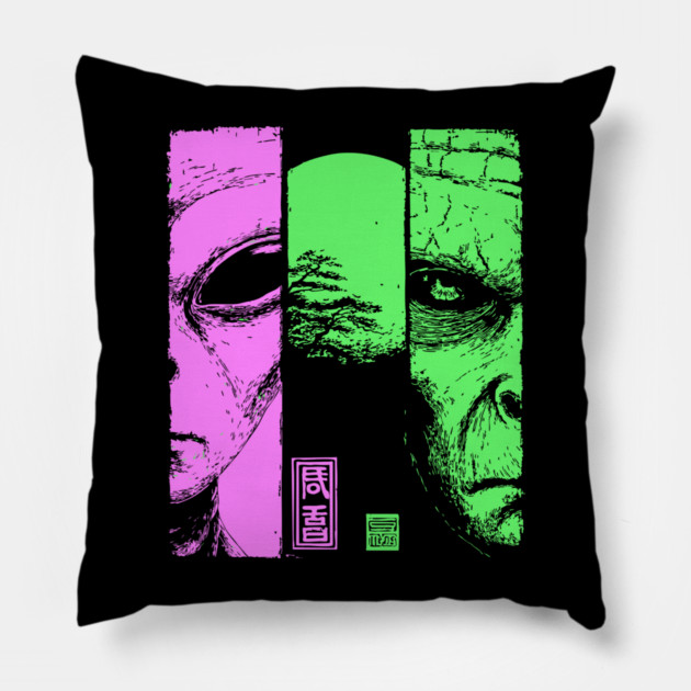 Alien vs Zombie - Retro Sci-Fi Horror Split Portrait Pillow by TuncGK