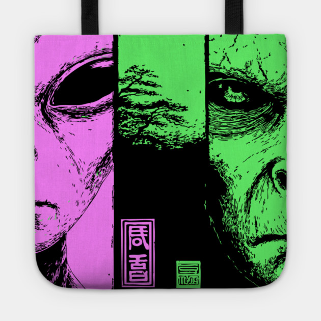 Alien vs Zombie - Retro Sci-Fi Horror Split Portrait Tote by TuncGK