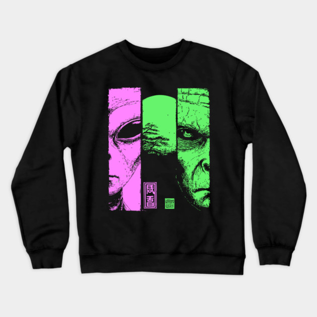Alien vs Zombie - Retro Sci-Fi Horror Split Portrait Crewneck Sweatshirt by TuncGK