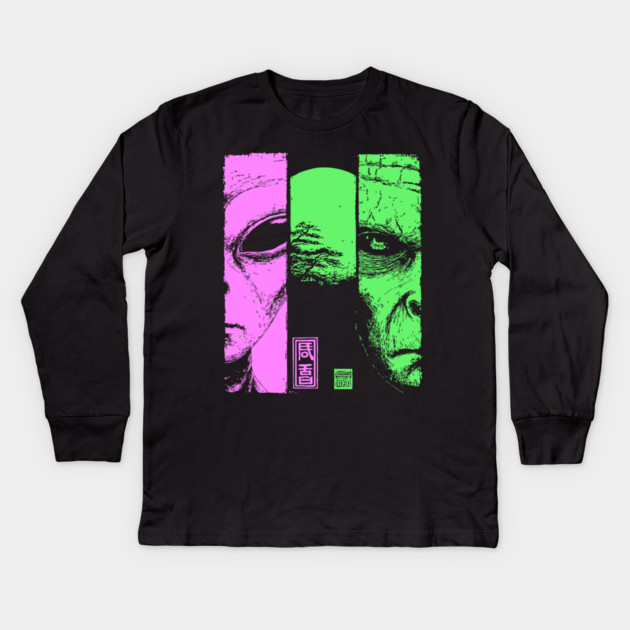 Alien vs Zombie - Retro Sci-Fi Horror Split Portrait Kids Long Sleeve T-Shirt by TuncGK