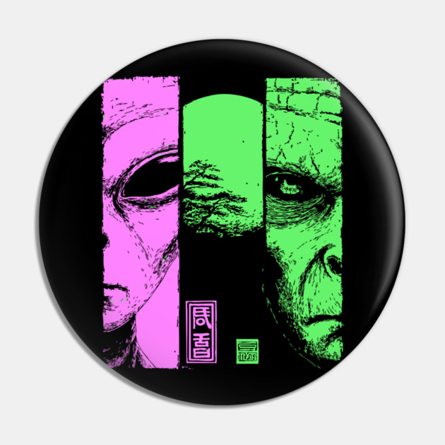 Alien vs Zombie - Retro Sci-Fi Horror Split Portrait Pin by TuncGK
