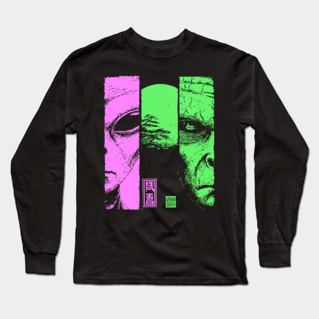 Alien vs Zombie - Retro Sci-Fi Horror Split Portrait Long Sleeve T-Shirt by TuncGK