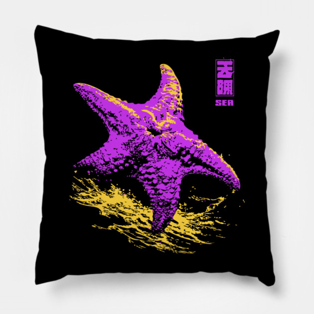 Vaporwave Starfish - Retro Neon Ocean Aesthetic Pillow by TuncGK