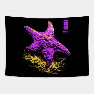 Vaporwave Starfish - Retro Neon Ocean Aesthetic Tapestry