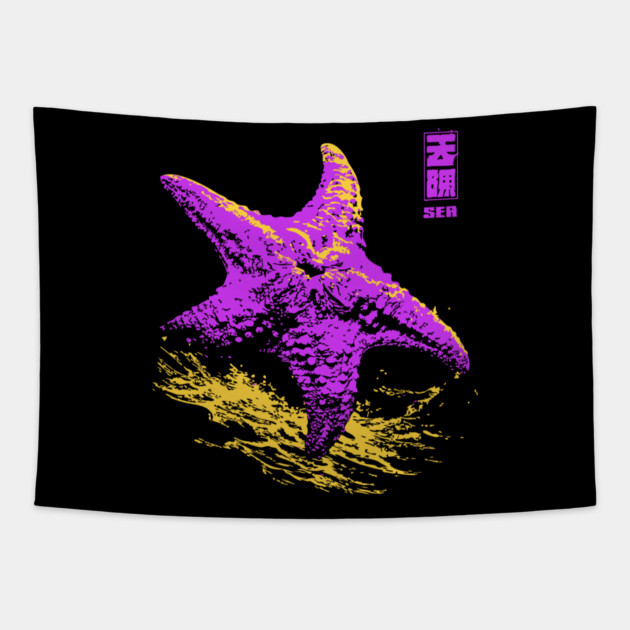 Vaporwave Starfish - Retro Neon Ocean Aesthetic Tapestry by TuncGK
