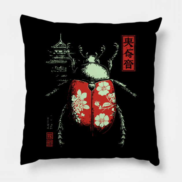 Kabutomushi - Japanese Rhinoceros Beetle Ukiyo-e Art Pillow by TuncGK