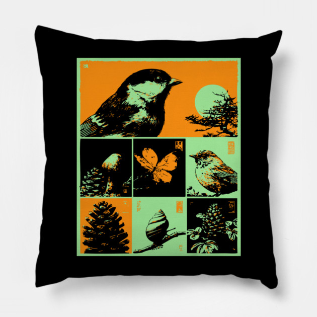 Japanese Nature Study - Ukiyo-e Bird and Frog Art Pillow by TuncGK
