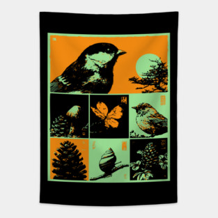 Japanese Nature Study - Ukiyo-e Bird and Frog Art Tapestry