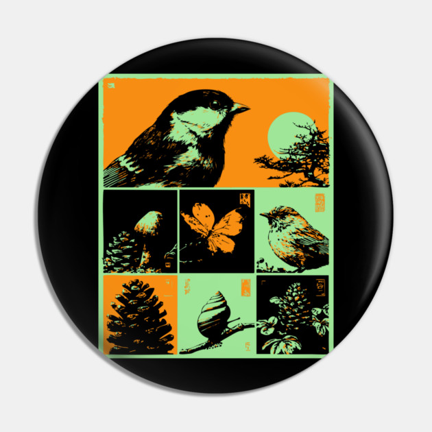 Japanese Nature Study - Ukiyo-e Bird and Frog Art Pin by TuncGK