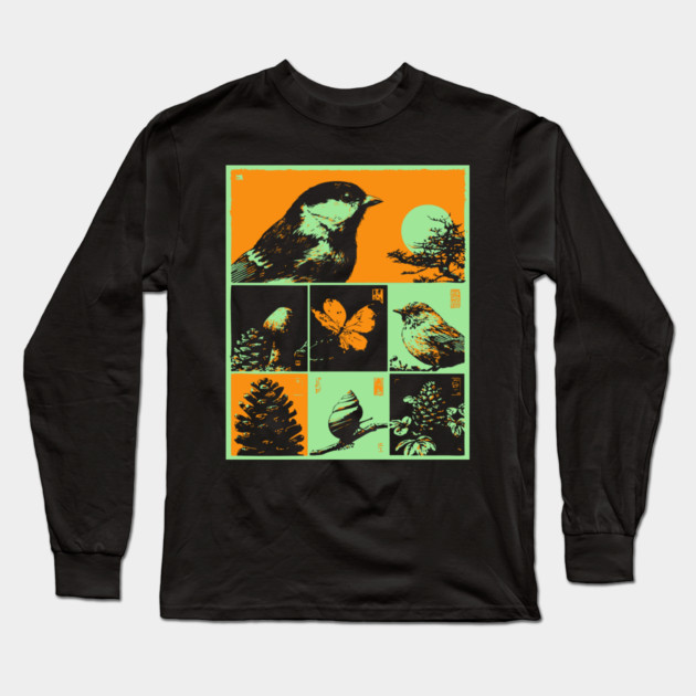 Japanese Nature Study - Ukiyo-e Bird and Frog Art Long Sleeve T-Shirt by TuncGK